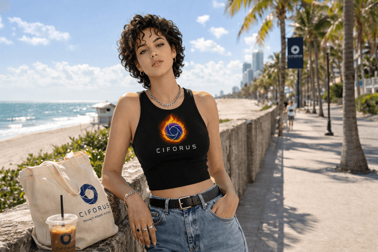 Ciforus lifestyle brand visual on a coastal promenade