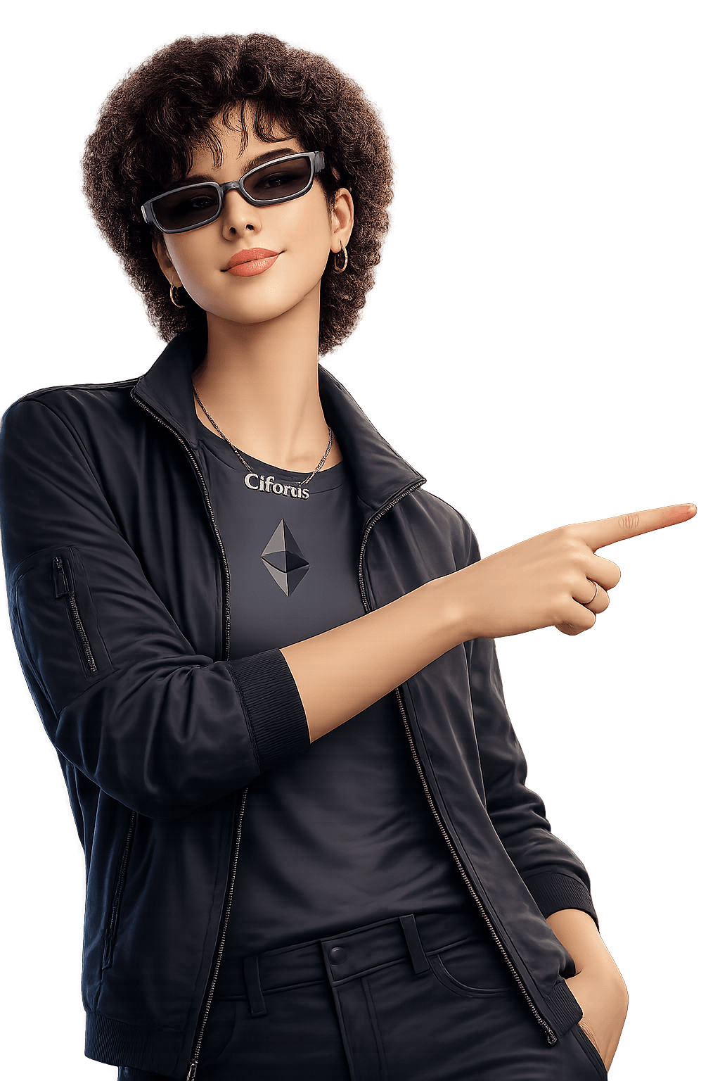 Crypto-native privacy character with gesture toward payment philosophy