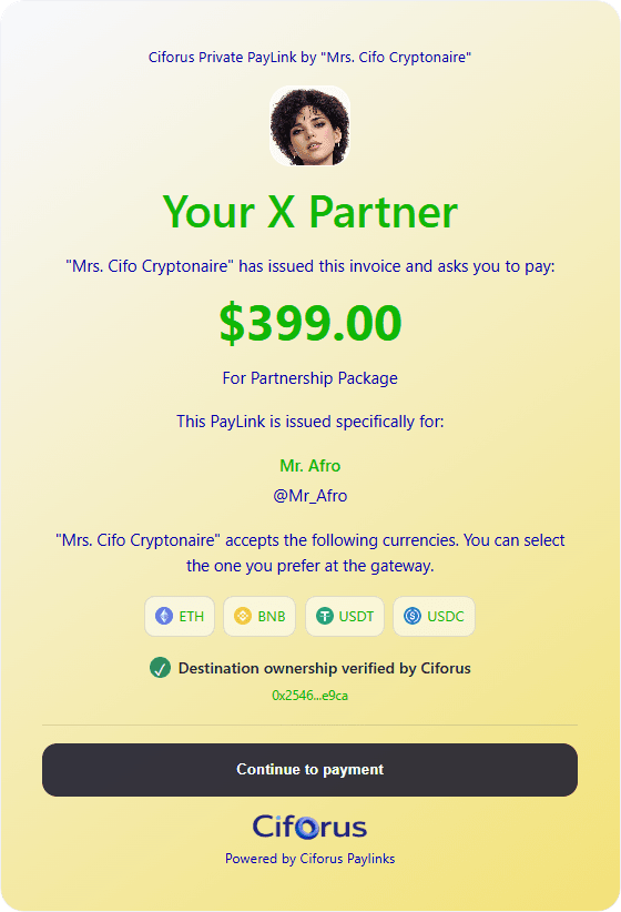 Real Ciforus PayLink example showing requester identity, amount, purpose, recipient, supported assets, and verified destination ownership