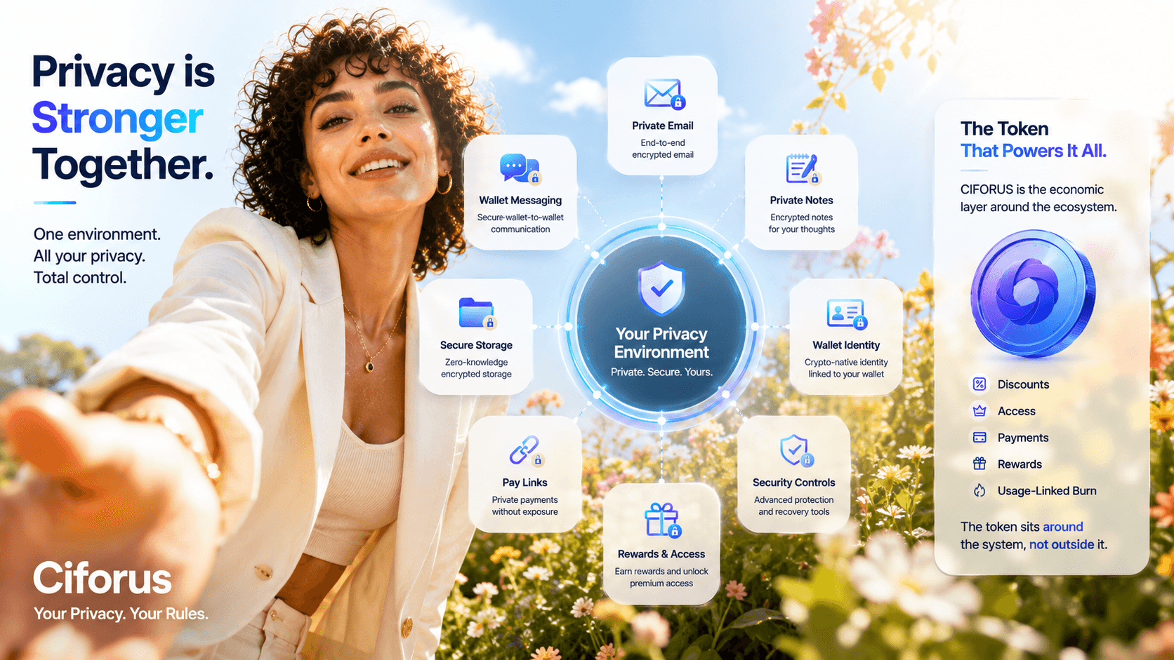Ciforus privacy environment connecting private email, messaging, storage, notes, wallet identity, PayLinks, security controls, rewards, and token utility